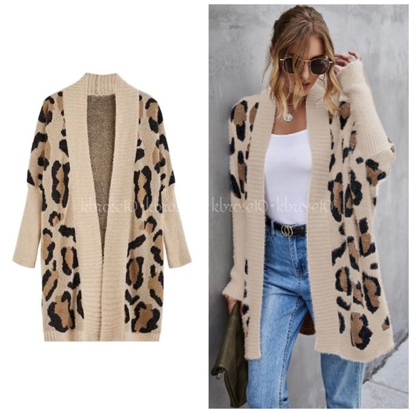 NWT Miss Sparkling Khaki Leopard Print Open Front Long Cardigan Size Medium - Picture 1 of 8